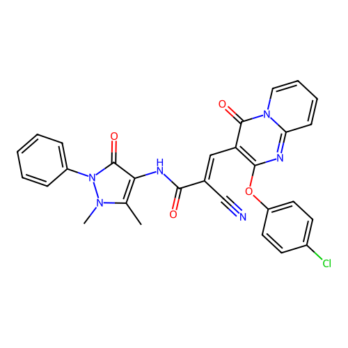 (2E)-3-[2-(4-chlorophenoxy)-4-oxo-4H-pyrido[1,2-a]pyrimidin-3-yl]-2-cyano-N-(1,5-dimethyl-3-oxo-2-phenyl-2,3-dihydro-1H-pyrazol-4-yl)prop-2-enamide structure