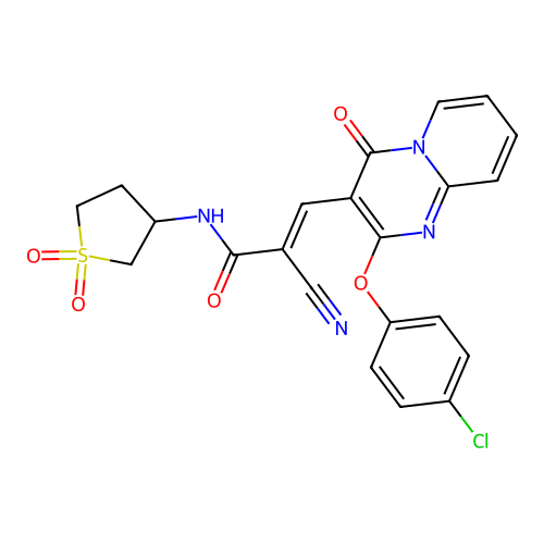 (2E)-3-[2-(4-chlorophenoxy)-4-oxo-4H-pyrido[1,2-a]pyrimidin-3-yl]-2-cyano-N-(1,1-dioxidotetrahydrothiophen-3-yl)prop-2-enamide structure