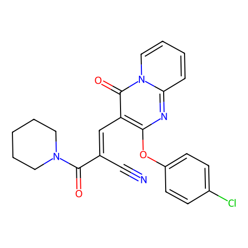 (2E)-3-[2-(4-chlorophenoxy)-4-oxo(5-hydropyridino[1,2-a]pyrimidin-3-yl)]-2-(pi peridylcarbonyl)prop-2-enenitrile structure