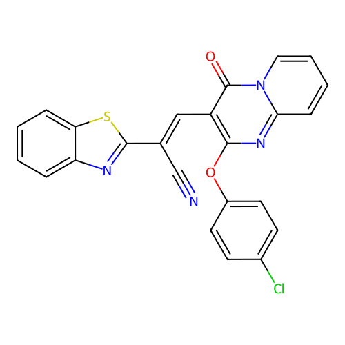 (2E)-2-(1,3-benzothiazol-2-yl)-3-[2-(4-chlorophenoxy)-4-oxo-4H-pyrido[1,2-a]pyrimidin-3-yl]prop-2-enenitrile structure