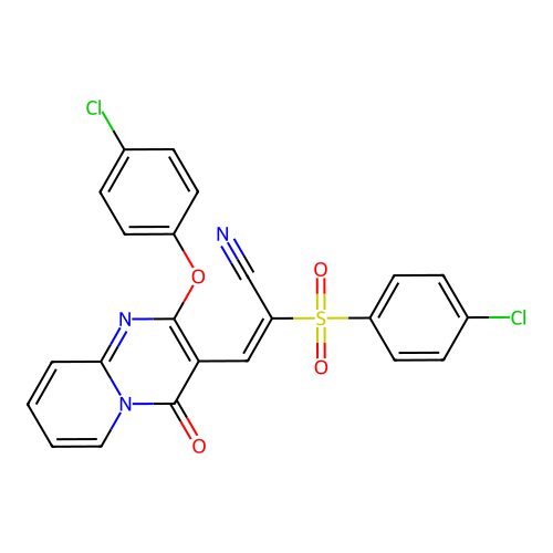 (2E)-3-[2-(4-chlorophenoxy)-4-oxo-4H-pyrido[1,2-a]pyrimidin-3-yl]-2-[(4-chlorophenyl)sulfonyl]prop-2-enenitrile structure