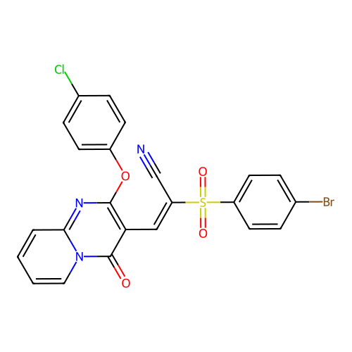 (2E)-2-[(4-bromophenyl)sulfonyl]-3-[2-(4-chlorophenoxy)-4-oxo-4H-pyrido[1,2-a]pyrimidin-3-yl]prop-2-enenitrile structure