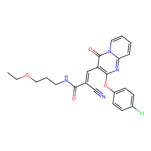 (2E)-3-[2-(4-chlorophenoxy)-4-oxo-4H-pyrido[1,2-a]pyrimidin-3-yl]-2-cyano-N-(3-ethoxypropyl)prop-2-enamide structure