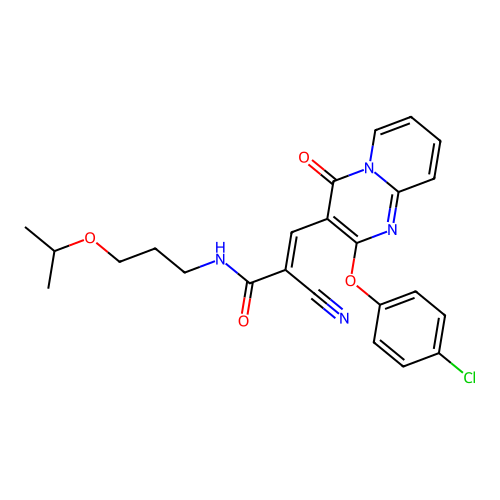 (2E)-3-[2-(4-chlorophenoxy)-4-oxo-4H-pyrido[1,2-a]pyrimidin-3-yl]-2-cyano-N-[3-(propan-2-yloxy)propyl]prop-2-enamide structure