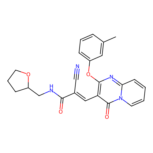 (2E)-2-cyano-3-[2-(3-methylphenoxy)-4-oxo-4H-pyrido[1,2-a]pyrimidin-3-yl]-N-(tetrahydrofuran-2-ylmethyl)prop-2-enamide structure