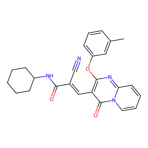 (2E)-2-cyano-N-cyclohexyl-3-[2-(3-methylphenoxy)-4-oxo-4H-pyrido[1,2-a]pyrimidin-3-yl]prop-2-enamide structure