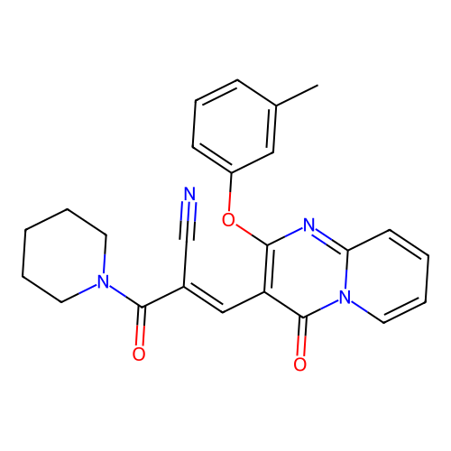 (2E)-3-[2-(3-methylphenoxy)-4-oxo-4H-pyrido[1,2-a]pyrimidin-3-yl]-2-(piperidin-1-ylcarbonyl)prop-2-enenitrile structure