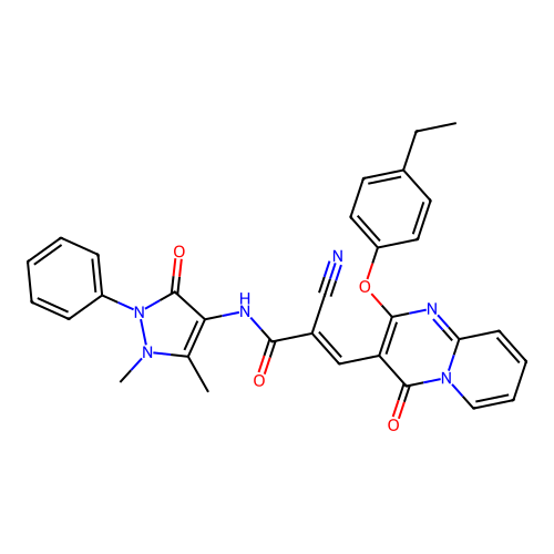(2E)-2-cyano-N-(1,5-dimethyl-3-oxo-2-phenyl-2,3-dihydro-1H-pyrazol-4-yl)-3-[2-(4-ethylphenoxy)-4-oxo-4H-pyrido[1,2-a]pyrimidin-3-yl]prop-2-enamide structure