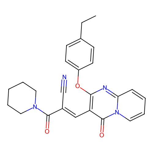 (2E)-3-[2-(4-ethylphenoxy)-4-oxo(5-hydropyridino[1,2-a]pyrimidin-3-yl)]-2-(pip eridylcarbonyl)prop-2-enenitrile structure