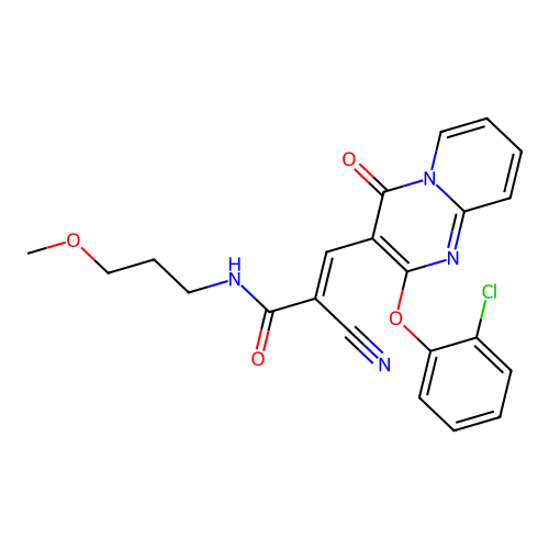 (2E)-3-[2-(2-chlorophenoxy)-4-oxo-4H-pyrido[1,2-a]pyrimidin-3-yl]-2-cyano-N-(3-methoxypropyl)prop-2-enamide structure