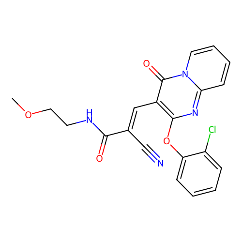 (2E)-3-[2-(2-chlorophenoxy)-4-oxo-4H-pyrido[1,2-a]pyrimidin-3-yl]-2-cyano-N-(2-methoxyethyl)prop-2-enamide structure