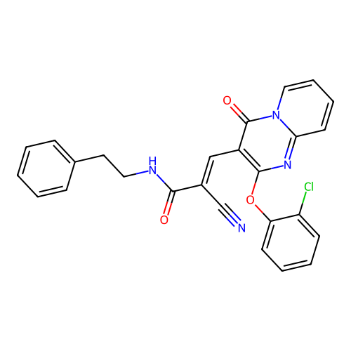 (2E)-3-[2-(2-chlorophenoxy)-4-oxo-4H-pyrido[1,2-a]pyrimidin-3-yl]-2-cyano-N-(2-phenylethyl)prop-2-enamide structure