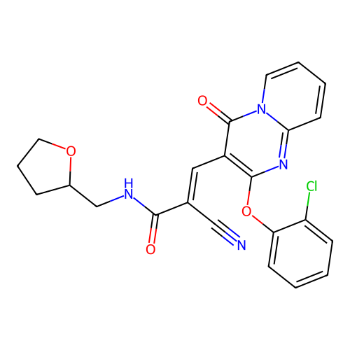 (2E)-3-[2-(2-chlorophenoxy)-4-oxo-4H-pyrido[1,2-a]pyrimidin-3-yl]-2-cyano-N-(tetrahydrofuran-2-ylmethyl)prop-2-enamide structure