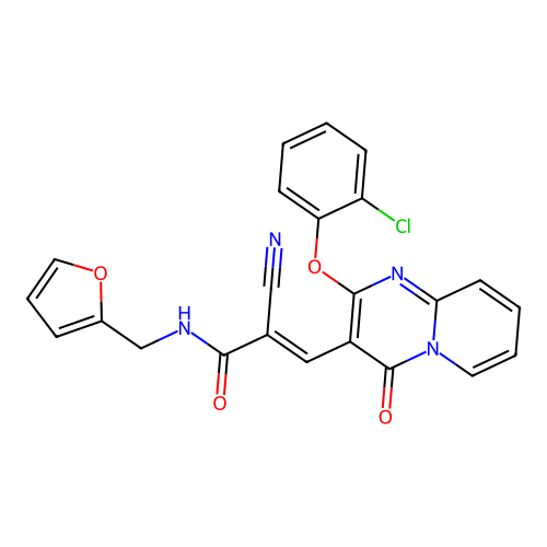 (2E)-3-[2-(2-chlorophenoxy)-4-oxo-4H-pyrido[1,2-a]pyrimidin-3-yl]-2-cyano-N-(furan-2-ylmethyl)prop-2-enamide structure