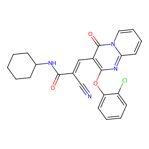 (2E)-3-[2-(2-chlorophenoxy)-4-oxo-4H-pyrido[1,2-a]pyrimidin-3-yl]-2-cyano-N-cyclohexylprop-2-enamide structure