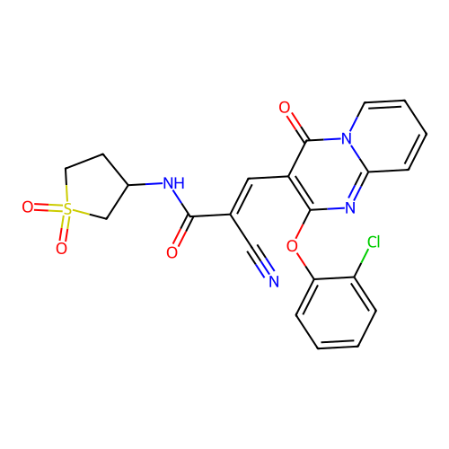 (2E)-3-[2-(2-chlorophenoxy)-4-oxo-4H-pyrido[1,2-a]pyrimidin-3-yl]-2-cyano-N-(1,1-dioxidotetrahydrothiophen-3-yl)prop-2-enamide structure