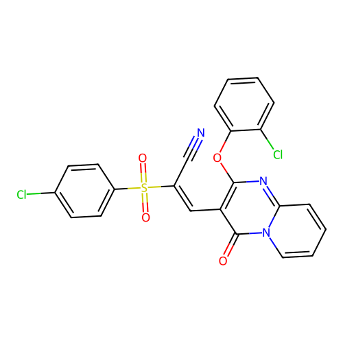 (2E)-3-[2-(2-chlorophenoxy)-4-oxo-4H-pyrido[1,2-a]pyrimidin-3-yl]-2-[(4-chlorophenyl)sulfonyl]prop-2-enenitrile structure