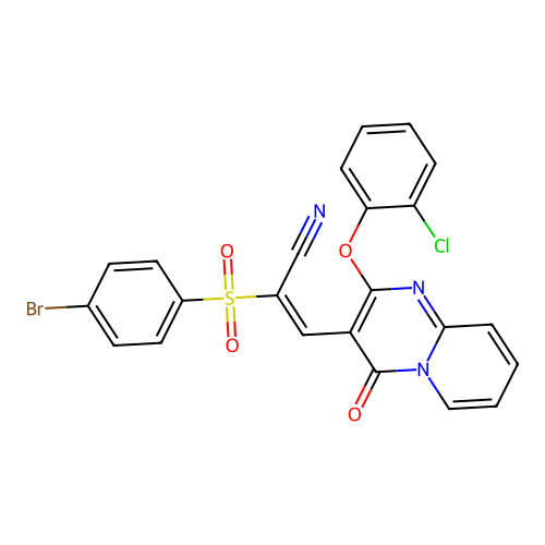 (2E)-2-[(4-bromophenyl)sulfonyl]-3-[2-(2-chlorophenoxy)-4-oxo-4H-pyrido[1,2-a]pyrimidin-3-yl]prop-2-enenitrile structure