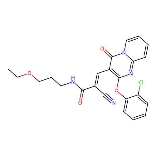 (2E)-3-[2-(2-chlorophenoxy)-4-oxo-4H-pyrido[1,2-a]pyrimidin-3-yl]-2-cyano-N-(3-ethoxypropyl)prop-2-enamide structure