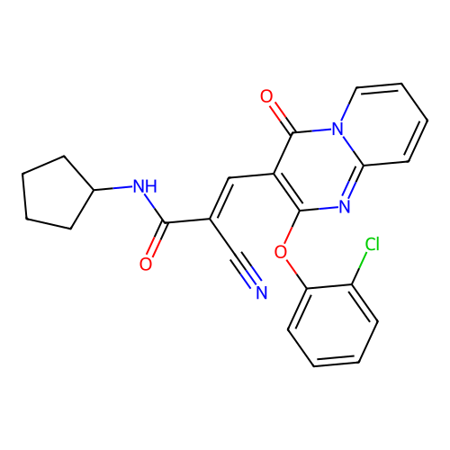 (2E)-3-[2-(2-chlorophenoxy)-4-oxo-4H-pyrido[1,2-a]pyrimidin-3-yl]-2-cyano-N-cyclopentylprop-2-enamide structure