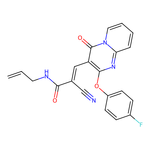 (2E)-2-cyano-3-[2-(4-fluorophenoxy)-4-oxo-4H-pyrido[1,2-a]pyrimidin-3-yl]-N-(prop-2-en-1-yl)prop-2-enamide structure