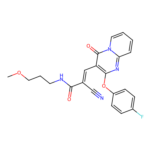 (2E)-2-cyano-3-[2-(4-fluorophenoxy)-4-oxo-4H-pyrido[1,2-a]pyrimidin-3-yl]-N-(3-methoxypropyl)prop-2-enamide structure