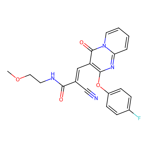 (2E)-2-cyano-3-[2-(4-fluorophenoxy)-4-oxo-4H-pyrido[1,2-a]pyrimidin-3-yl]-N-(2-methoxyethyl)prop-2-enamide structure