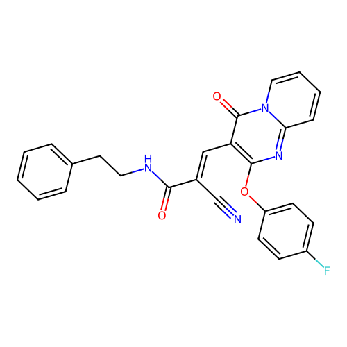 (2E)-2-cyano-3-[2-(4-fluorophenoxy)-4-oxo-4H-pyrido[1,2-a]pyrimidin-3-yl]-N-(2-phenylethyl)prop-2-enamide structure