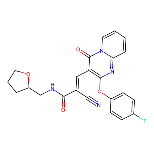 (2E)-2-cyano-3-[2-(4-fluorophenoxy)-4-oxo-4H-pyrido[1,2-a]pyrimidin-3-yl]-N-(tetrahydrofuran-2-ylmethyl)prop-2-enamide structure
