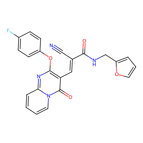 (2E)-2-cyano-3-[2-(4-fluorophenoxy)-4-oxo-4H-pyrido[1,2-a]pyrimidin-3-yl]-N-(furan-2-ylmethyl)prop-2-enamide structure