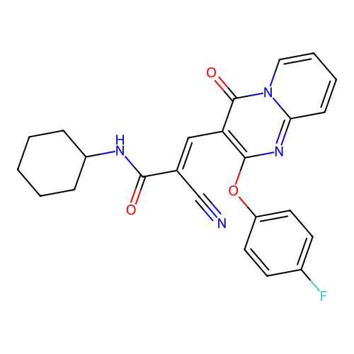 (2E)-2-cyano-N-cyclohexyl-3-[2-(4-fluorophenoxy)-4-oxo-4H-pyrido[1,2-a]pyrimidin-3-yl]prop-2-enamide structure