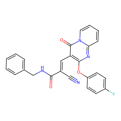 (2E)-N-benzyl-2-cyano-3-[2-(4-fluorophenoxy)-4-oxo-4H-pyrido[1,2-a]pyrimidin-3-yl]prop-2-enamide structure