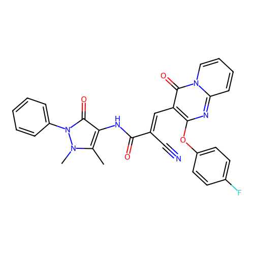 (2E)-2-cyano-N-(1,5-dimethyl-3-oxo-2-phenyl-2,3-dihydro-1H-pyrazol-4-yl)-3-[2-(4-fluorophenoxy)-4-oxo-4H-pyrido[1,2-a]pyrimidin-3-yl]prop-2-enamide structure