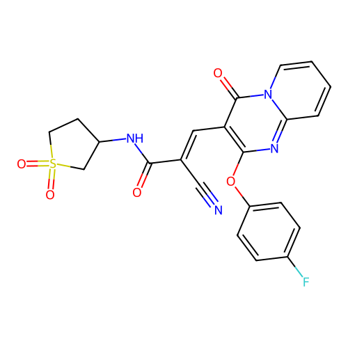 (2E)-2-cyano-N-(1,1-dioxidotetrahydrothiophen-3-yl)-3-[2-(4-fluorophenoxy)-4-oxo-4H-pyrido[1,2-a]pyrimidin-3-yl]prop-2-enamide structure