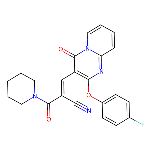 (2E)-3-[2-(4-fluorophenoxy)-4-oxo-4H-pyrido[1,2-a]pyrimidin-3-yl]-2-(piperidin-1-ylcarbonyl)prop-2-enenitrile structure