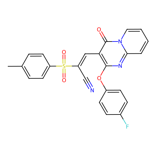 (E)-3-(2-(4-fluorophenoxy)-4-oxo-4H-pyrido[1,2-a]pyrimidin-3-yl)-2-tosylacrylonitrile structure