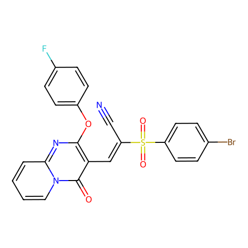 (2E)-2-[(4-bromophenyl)sulfonyl]-3-[2-(4-fluorophenoxy)-4-oxo-4H-pyrido[1,2-a]pyrimidin-3-yl]prop-2-enenitrile structure