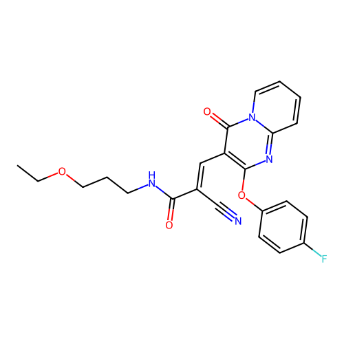 (2E)-2-cyano-N-(3-ethoxypropyl)-3-[2-(4-fluorophenoxy)-4-oxo-4H-pyrido[1,2-a]pyrimidin-3-yl]prop-2-enamide structure