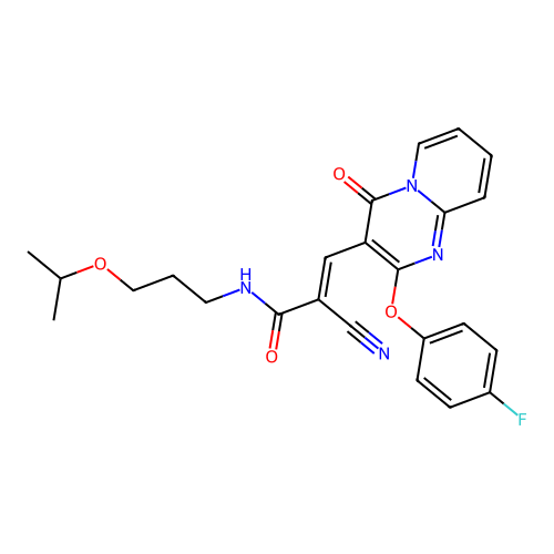 (2E)-2-cyano-3-[2-(4-fluorophenoxy)-4-oxo-4H-pyrido[1,2-a]pyrimidin-3-yl]-N-[3-(propan-2-yloxy)propyl]prop-2-enamide structure