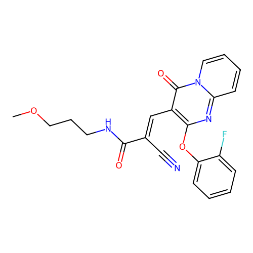 (2E)-2-cyano-3-[2-(2-fluorophenoxy)-4-oxo-4H-pyrido[1,2-a]pyrimidin-3-yl]-N-(3-methoxypropyl)prop-2-enamide structure