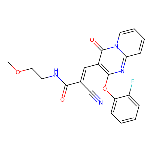 (2E)-2-cyano-3-[2-(2-fluorophenoxy)-4-oxo-4H-pyrido[1,2-a]pyrimidin-3-yl]-N-(2-methoxyethyl)prop-2-enamide structure