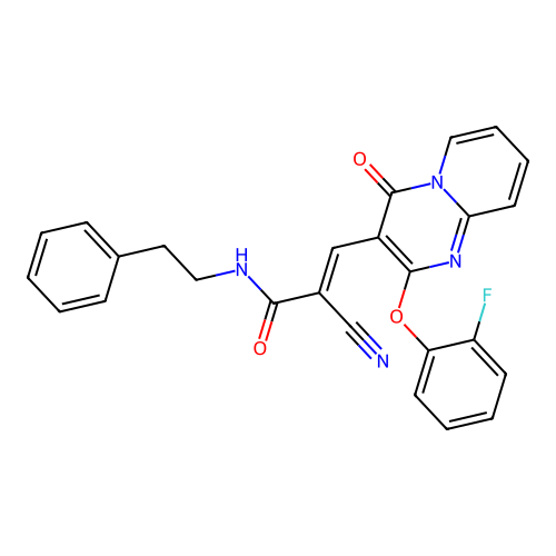 (2E)-2-cyano-3-[2-(2-fluorophenoxy)-4-oxo-4H-pyrido[1,2-a]pyrimidin-3-yl]-N-(2-phenylethyl)prop-2-enamide structure