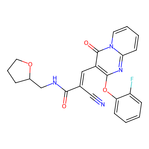(2E)-2-cyano-3-[2-(2-fluorophenoxy)-4-oxo-4H-pyrido[1,2-a]pyrimidin-3-yl]-N-(tetrahydrofuran-2-ylmethyl)prop-2-enamide structure