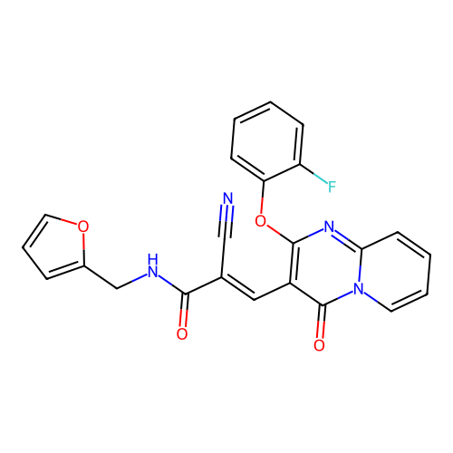 (2E)-2-cyano-3-[2-(2-fluorophenoxy)-4-oxo-4H-pyrido[1,2-a]pyrimidin-3-yl]-N-(furan-2-ylmethyl)prop-2-enamide structure