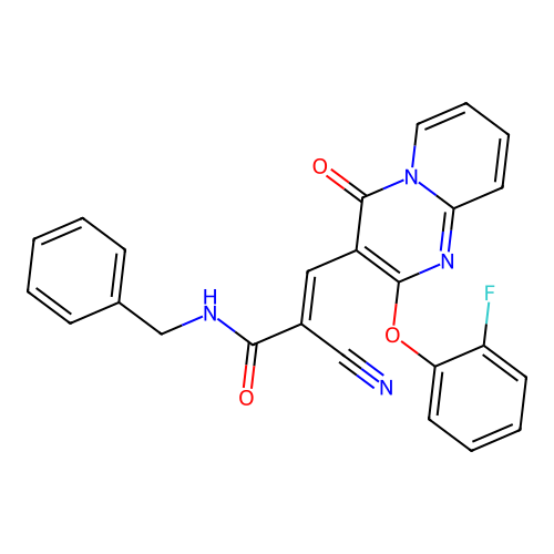 (2E)-N-benzyl-2-cyano-3-[2-(2-fluorophenoxy)-4-oxo-4H-pyrido[1,2-a]pyrimidin-3-yl]prop-2-enamide structure