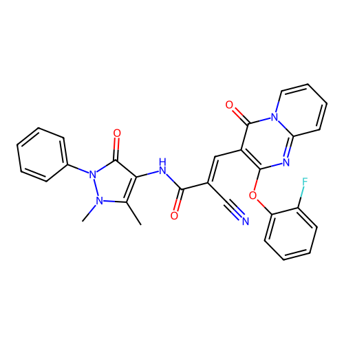 (2E)-2-cyano-N-(1,5-dimethyl-3-oxo-2-phenyl-2,3-dihydro-1H-pyrazol-4-yl)-3-[2-(2-fluorophenoxy)-4-oxo-4H-pyrido[1,2-a]pyrimidin-3-yl]prop-2-enamide structure