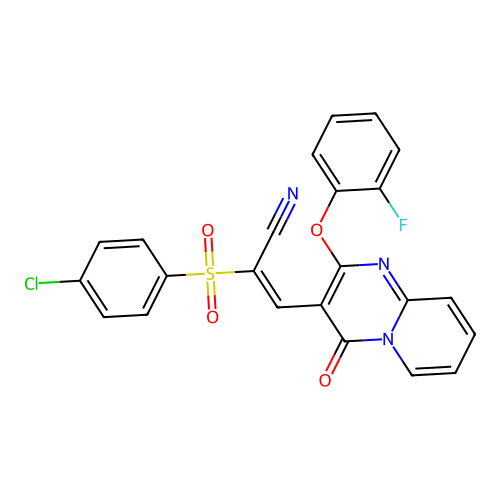 (2E)-2-(4-CHLOROBENZENESULFONYL)-3-[2-(2-FLUOROPHENOXY)-4-OXO-4H-PYRIDO[1,2-A]PYRIMIDIN-3-YL]PROP-2-ENENITRILE structure