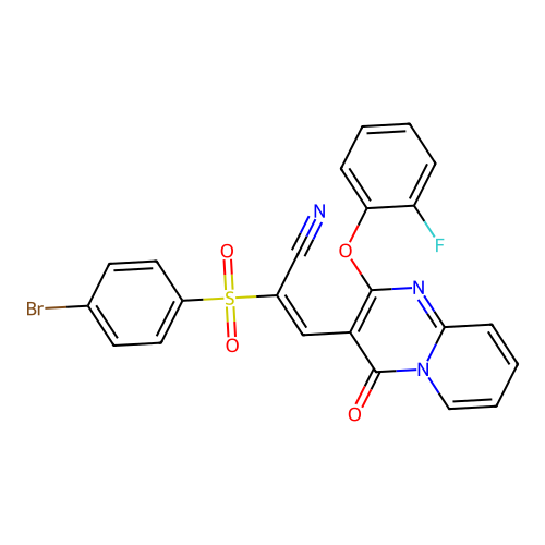 (2E)-2-[(4-bromophenyl)sulfonyl]-3-[2-(2-fluorophenoxy)-4-oxo-4H-pyrido[1,2-a]pyrimidin-3-yl]prop-2-enenitrile structure