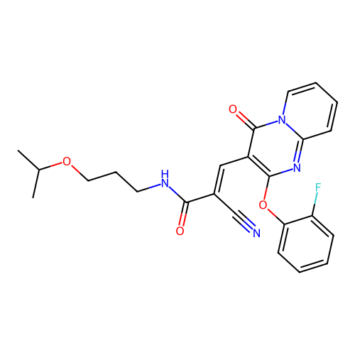 (2E)-2-cyano-3-[2-(2-fluorophenoxy)-4-oxo-4H-pyrido[1,2-a]pyrimidin-3-yl]-N-[3-(propan-2-yloxy)propyl]prop-2-enamide structure