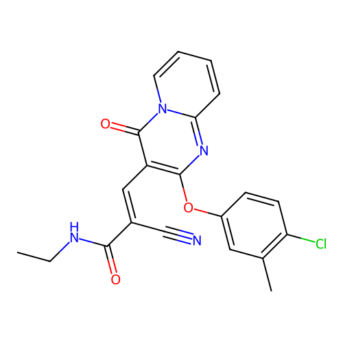 (2E)-3-[2-(4-chloro-3-methylphenoxy)-4-oxo-4H-pyrido[1,2-a]pyrimidin-3-yl]-2-cyano-N-ethylprop-2-enamide structure